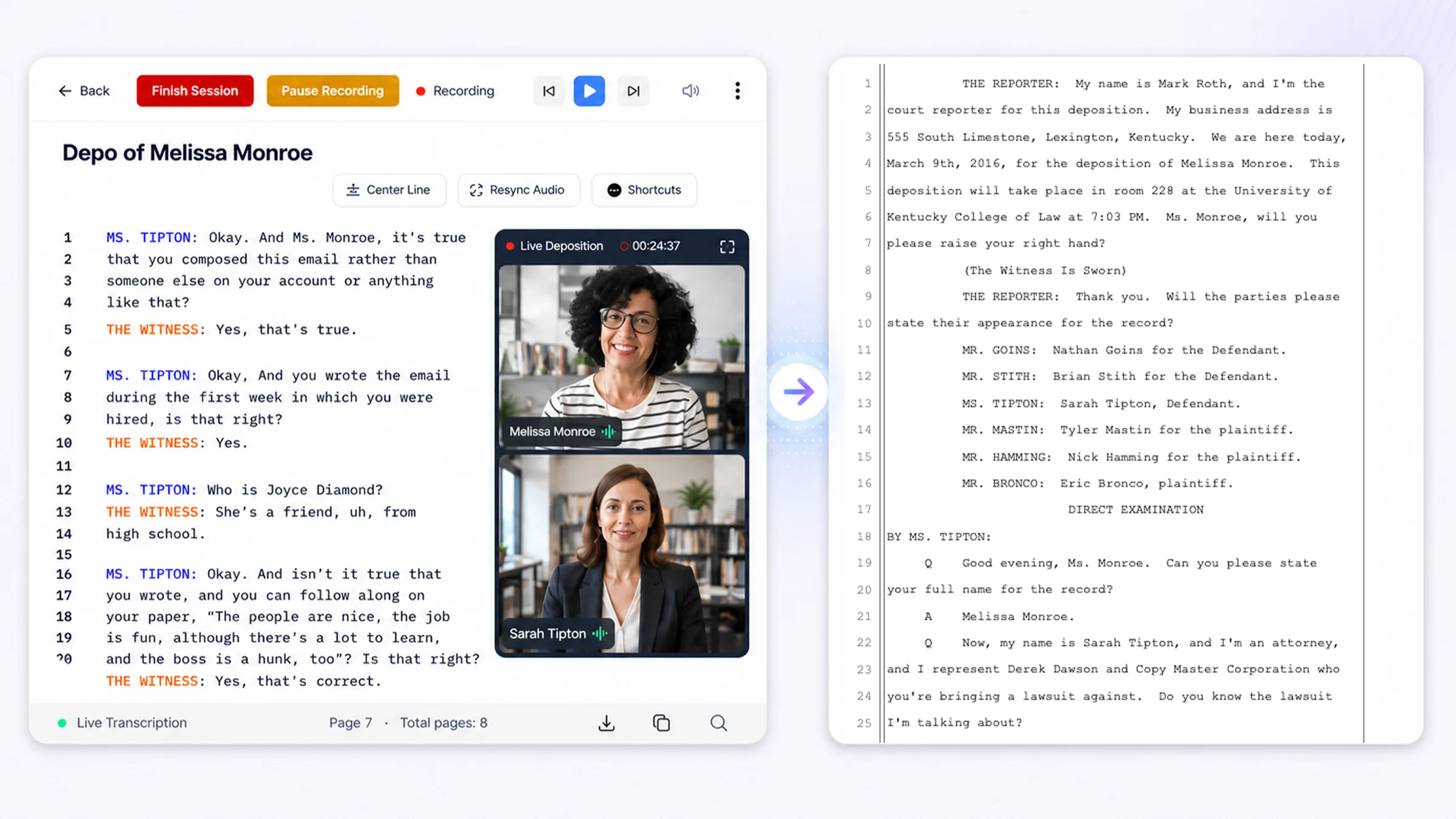DraftTheRecord transcript workspace showing live deposition transcription and formatted transcript output